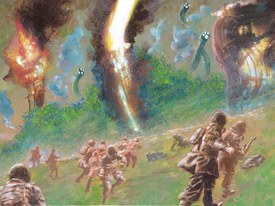 Eine Darstellung eines Schlachtfelds, aucf der Soldaten gegen riesige Rüssel kämpfen.