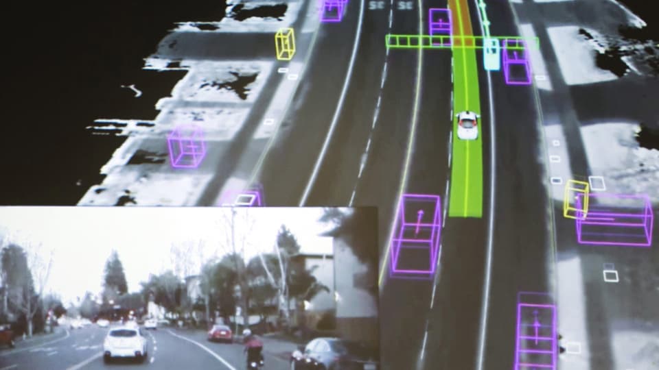Bildschirmansicht aus einem selbstfahrenden Auto von Google