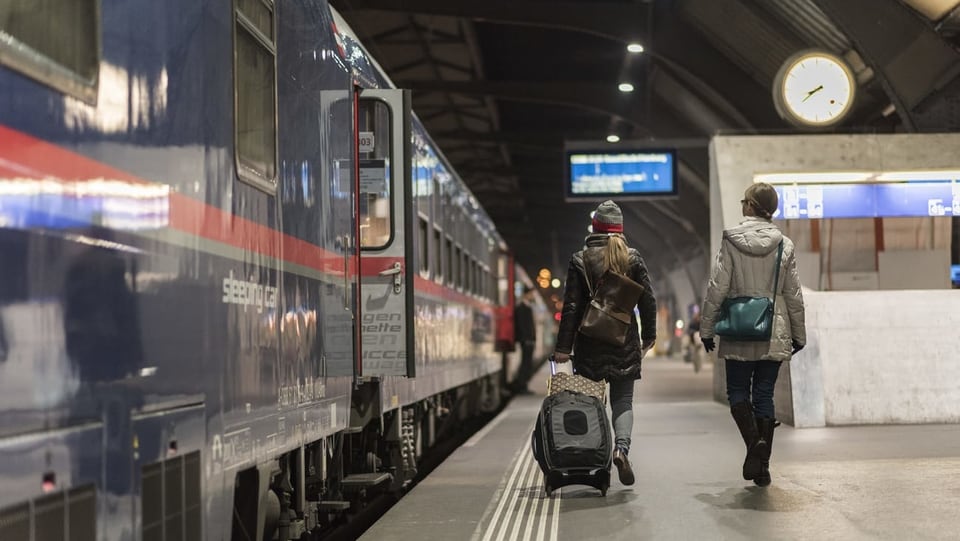 Menschen an Bahnhof vor Nachtzug.