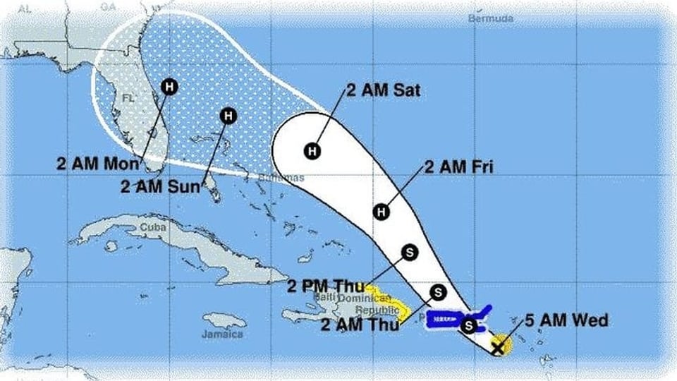 Auf einer Karte ist die mögliche Zugbahn des Hurrikans  dargestellt. 