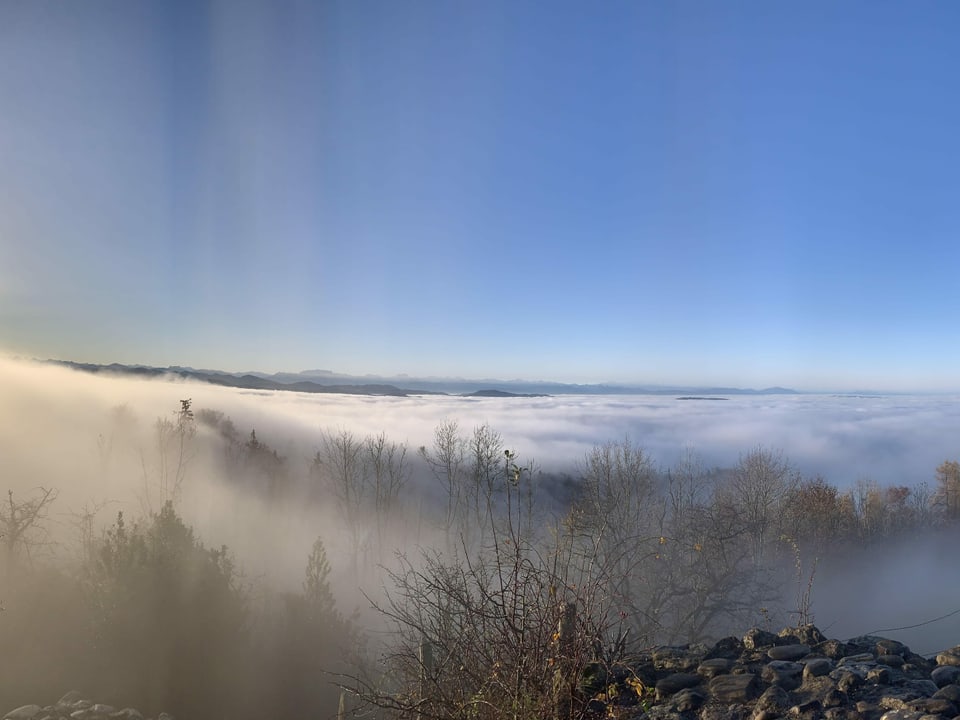 Blauer Himmel, darunter Nebel im Tal