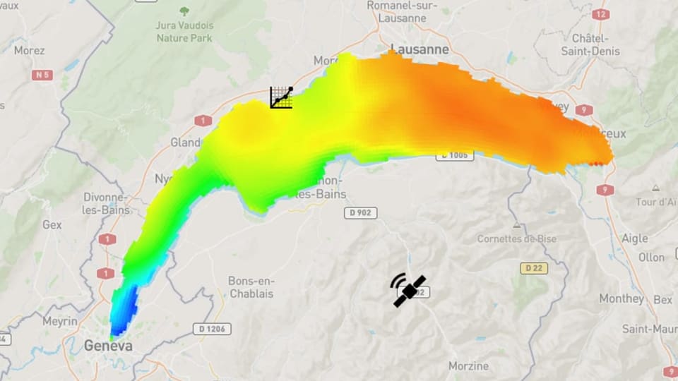 Karte von Genfersee, der in der Region Genf viel kühler ist als im Osten