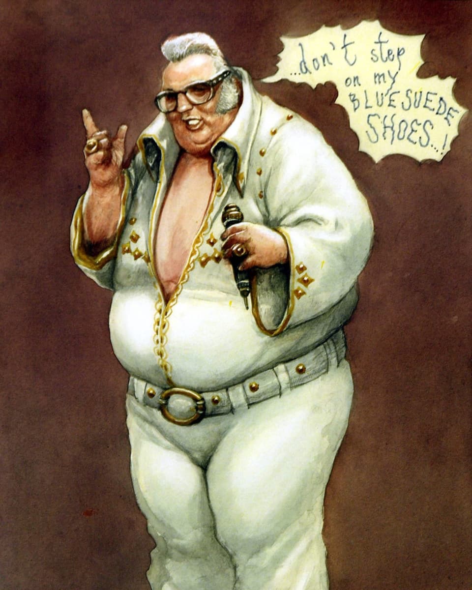gezeichneter Elvis mit Bierbauch im weissen Anzug und mit grauen Haaren, hält Mikrofon