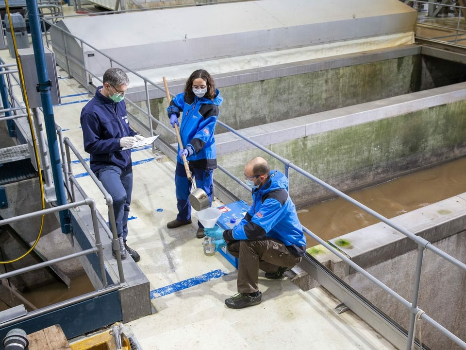 Forscher schöpfen eine Wasserprobe aus einem Klärbecken