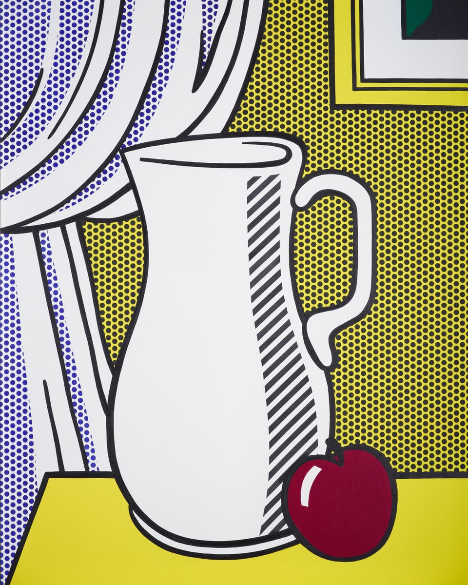 Pop-Art-Bild: Stillleben, das einen Krug und einen Apfel zeigt. 