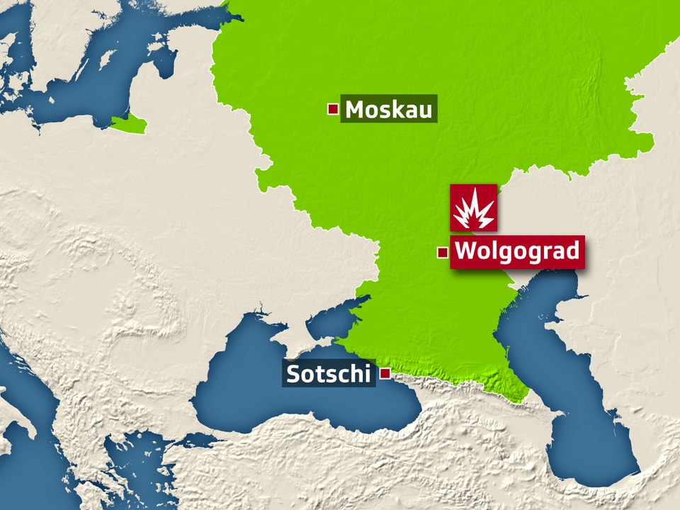 Karte mit den Ortschaften Sotschi, Wolgograd und Moskau
