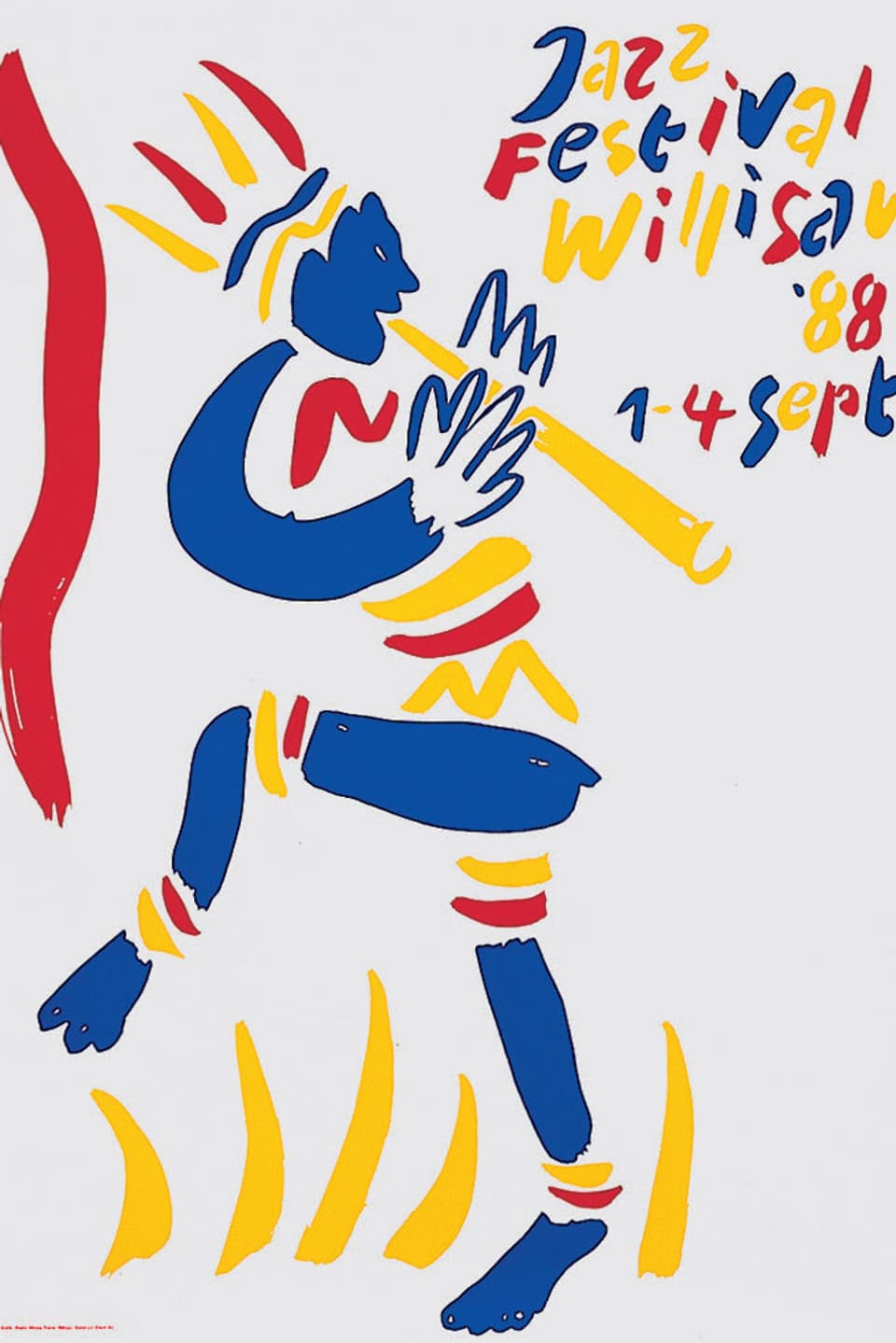 Auf dem Plakat von 1988 ist ein afrikanischer Blasinstrument-Spieler, gezeichnet in den Farben blau, gelb und rot, zu sehen.