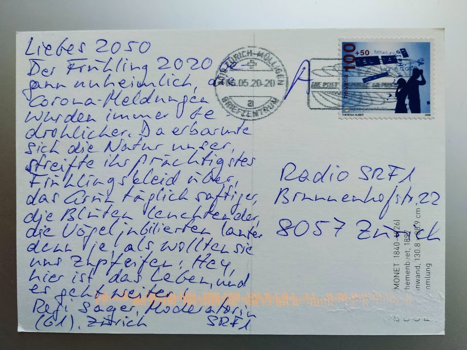 Postkarte von Regi Sager (61), Moderatorin bei Radio SRF 1 aus Zürich.