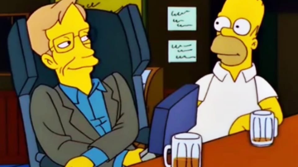 Hawking sitzt als Comic-Figur neben Homer Simpson.