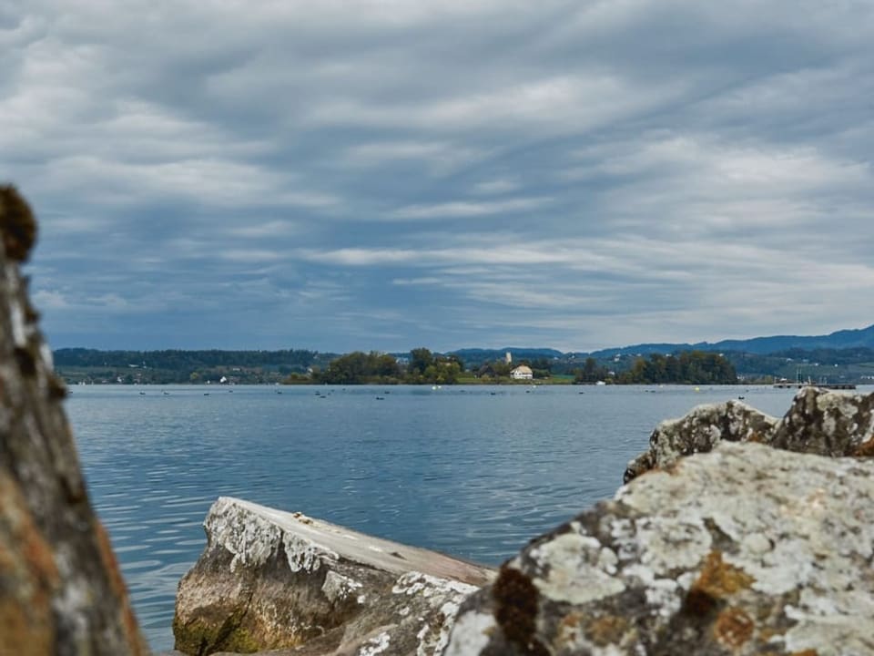 Die Insel Ufenau liegt bei wolkigem Wetter im ruhigen Zürichsee.