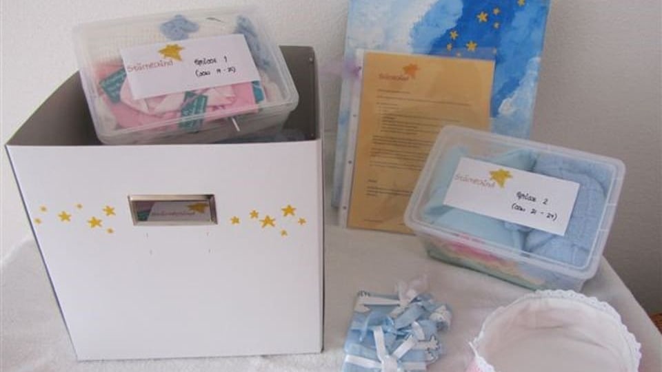 Eine Kartonbox, darin und daneben eine Plastikbox mit Nuscheli und Babykleidung. 