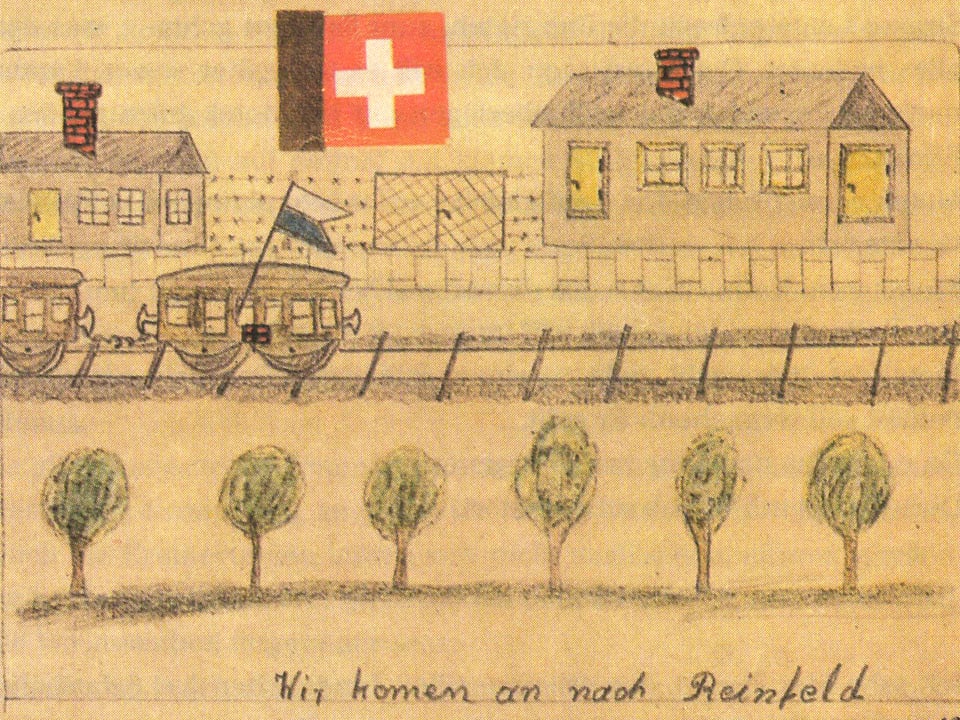 Eine Zeichnung von Kalman Landau, die ein Zug an der Schweizer grenze zeigt.
