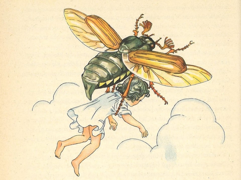 Illustration of the fairy tale “Thumbelina” in which a beetle carries a child through the air.