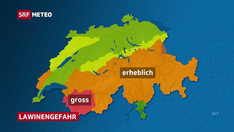 Schweizer Karte mit eingezeichneter Lawinengefahr, verbreitet erheblich im Alpenraum, im Wallis teils gross