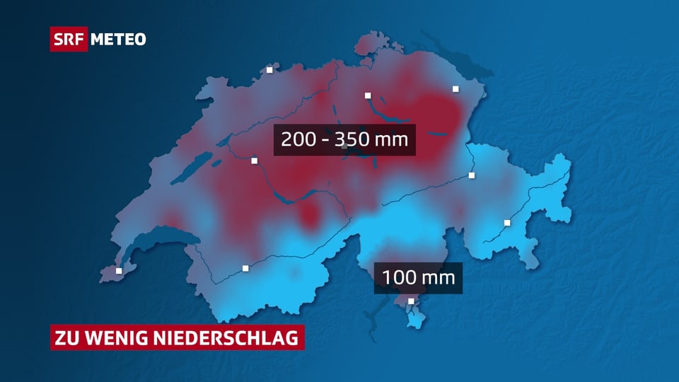 Die Schweizerkarte zeigt in Blau- und Rottönen wo zu wenig und wo genügen Regen viel. Das Mittelland und die Voralpenregionen der Zentral- und Ostschweiz stechen dabei besonders ins Auge.