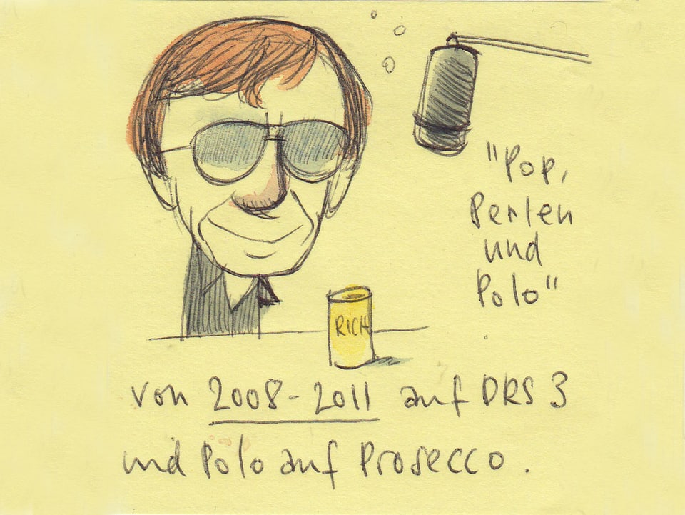 Zu sehen ist ein gezeichneter angeschwipster Polo Hofer mit Sonnenbrille vor dem Mikrofon. Vor ihm steht eine Büchse Prosecco.