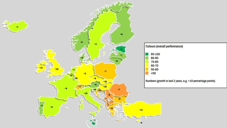 Eine Karte, die zeigt, wie verschiedene europäische Ländern in Sachen digitale Verwaltung abschneiden.