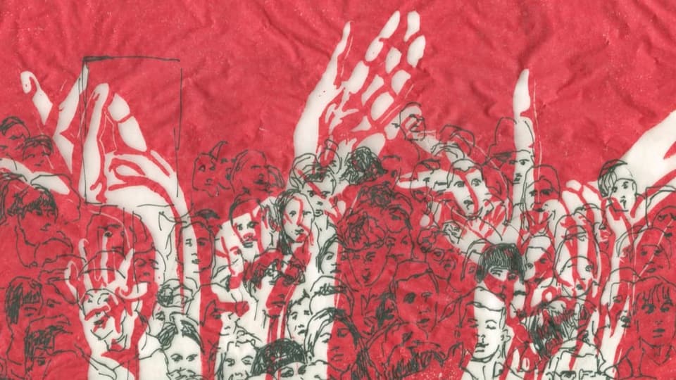 Zeichnung: Menschengruppe vor rotem Hintergrund, darüber sind grosse Hände gezeichnet