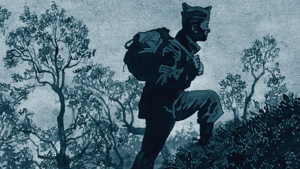 Comic: Ein Soldat geht einen Hügel hoch.