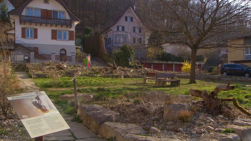 Insektenhotel und Infotafel vor Garten in Baden.