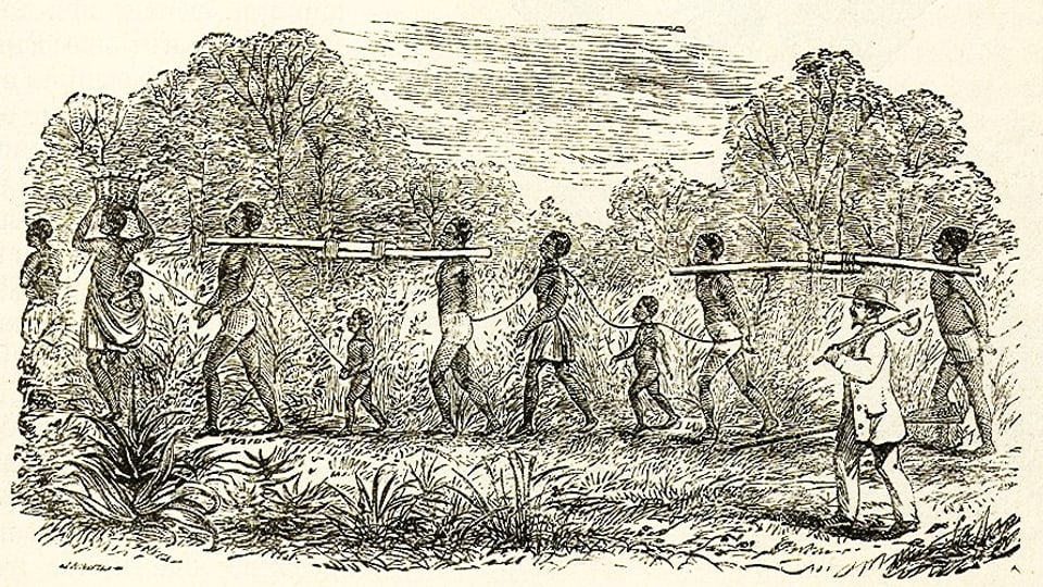 Hinter einem Sklaventreiber laufen zusammengebundene Sklaven hintereinander her.