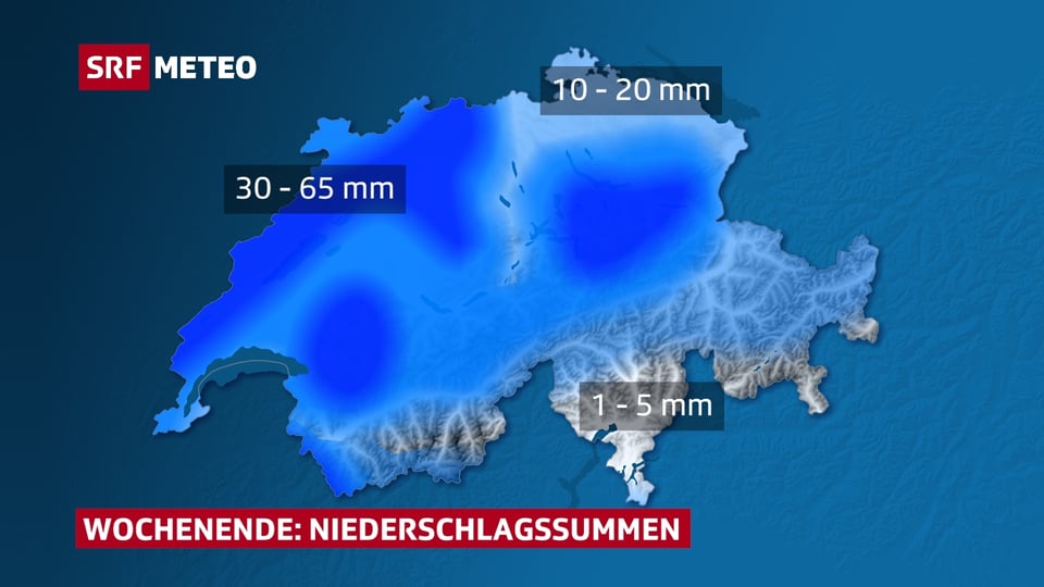 Auf einer Schweizer Karte sind in Blau die Gebiete eingefärbt wo am meisten Niederschlag vom Himmel kam am vergangenen Wochenende.