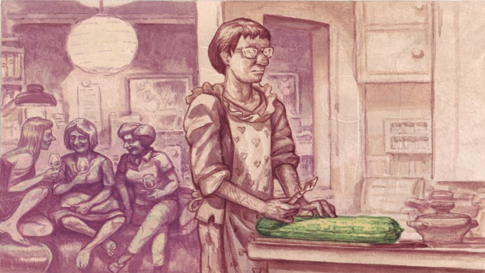 Illustration of a man standing in the kitchen wearing a hat.  Women sit together in the background.