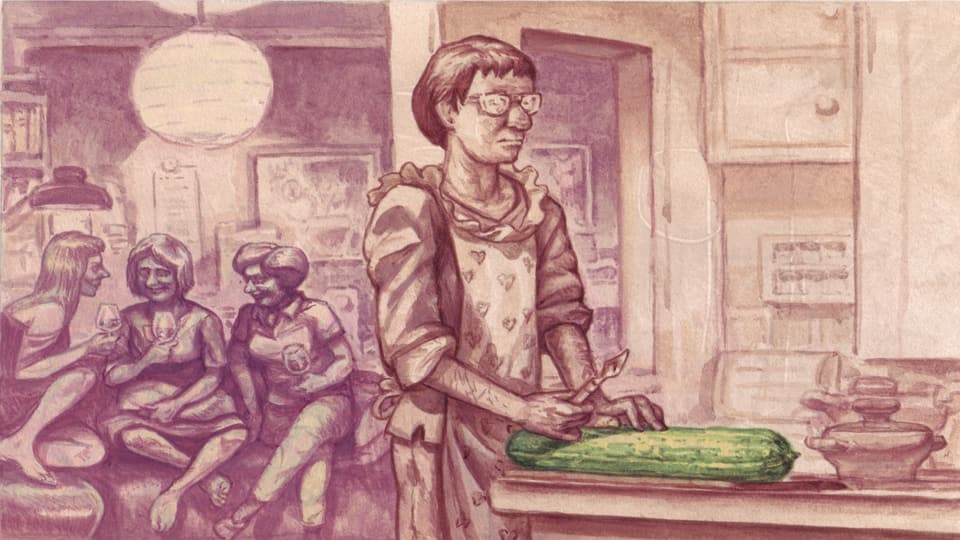 Illustration of a man standing in the kitchen wearing a hat. Women sit together in the background.