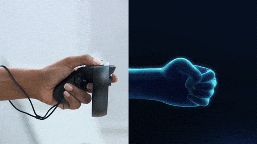 Eine Hand mit einem Oculus-Touch-Controller demonstriert die «Hand Presence Technology».