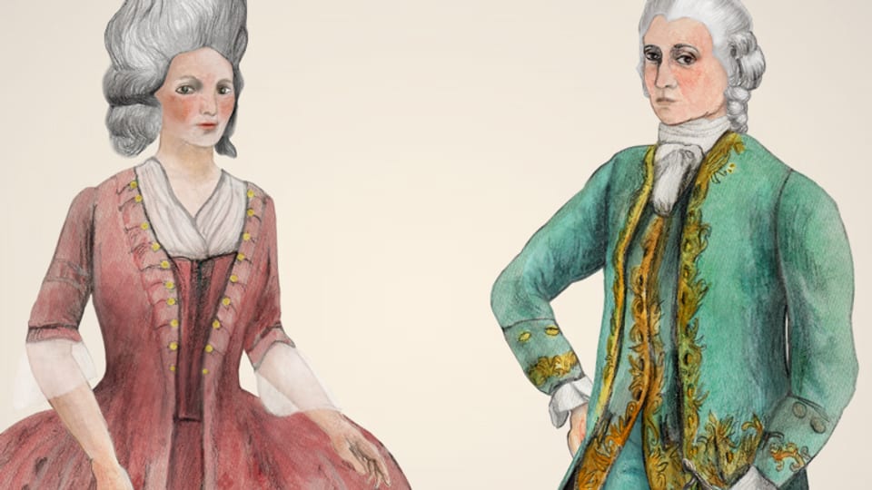 Zwei gezeichnete barocke Figuren, ein Mann und eine Frau.