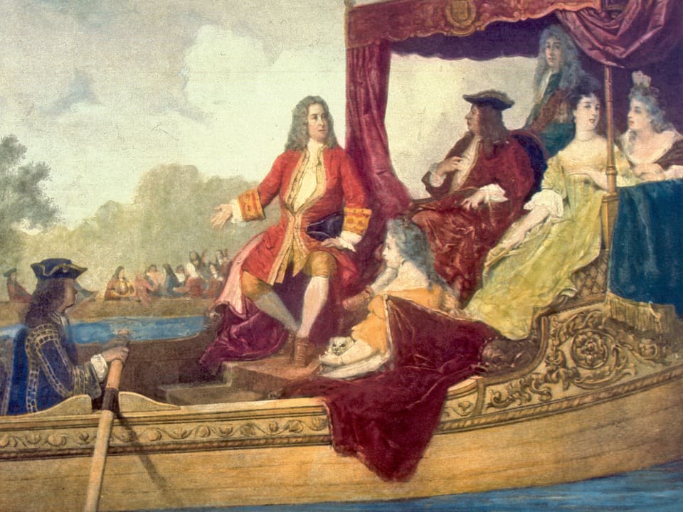 Das Bild von Georg Friedrich Händel, wie er auf einem opulent geschmückten Boot neben König George I. sitzt.