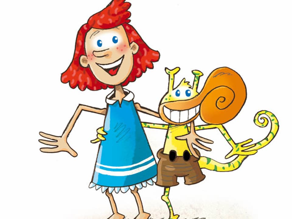 Eine Zeichnung eines gelben Rüsseltiers mit einem Mädchen.