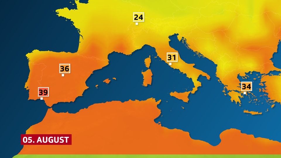 Höchsttemperaturen, Spanien und Mittelmeerraum am Freitag
