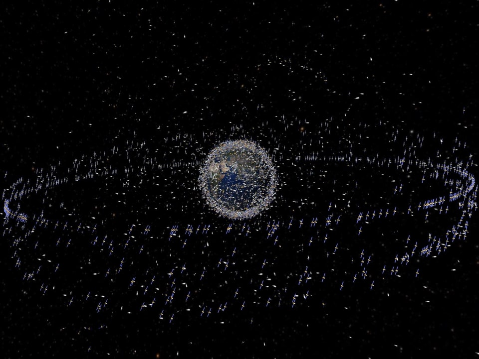 Weltraumfoto mit Punkten um die Erde.