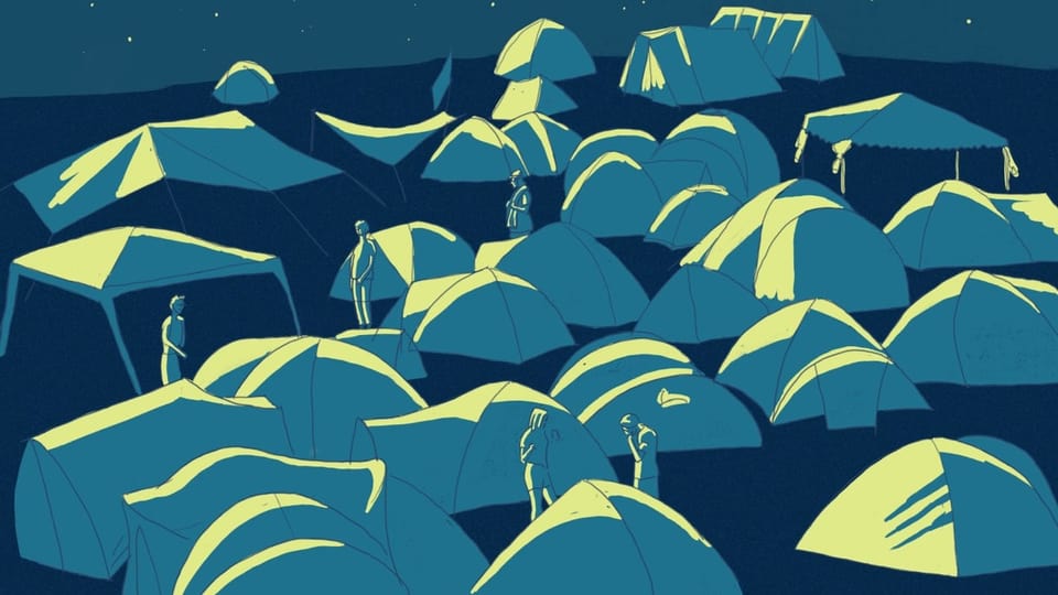 Illustration hellblaue Zelte auf dunkelblauem Grund, einige Leute stehen herum, zwei Menschen stehen vor einem Zelt.