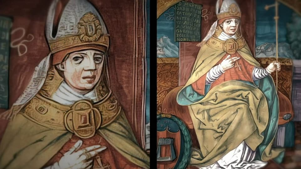 Illustration einer Frau in gelbenem Umhang, mit Kreuz-Halskette und Papst-Tiara, sitzt auf Sessel.