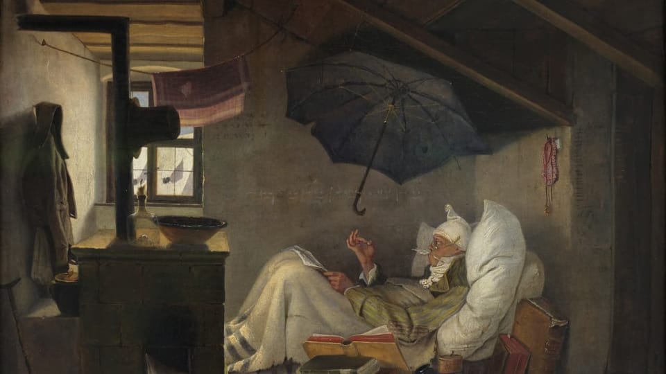 Gemälde: Ein Mann liegt in einer kleinen Kammer vor dem Ofen im Bett