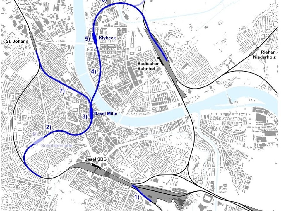 Ein Basler Stadtplan, die Linienführung des Herzstückes ist blau markiert. 