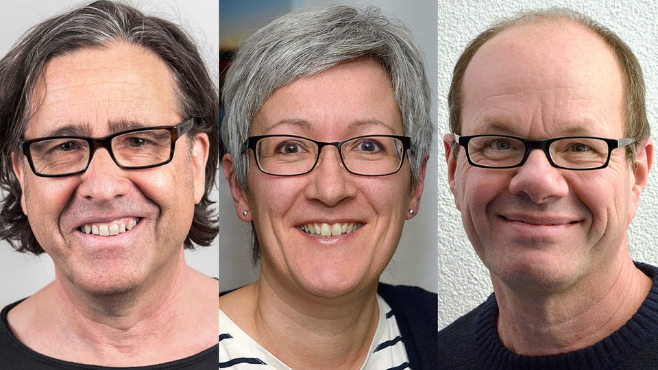 Drei Gesichter nahe: Links Matthias Gysel, Mitte Petra Schneider, rechts Christoph Wick