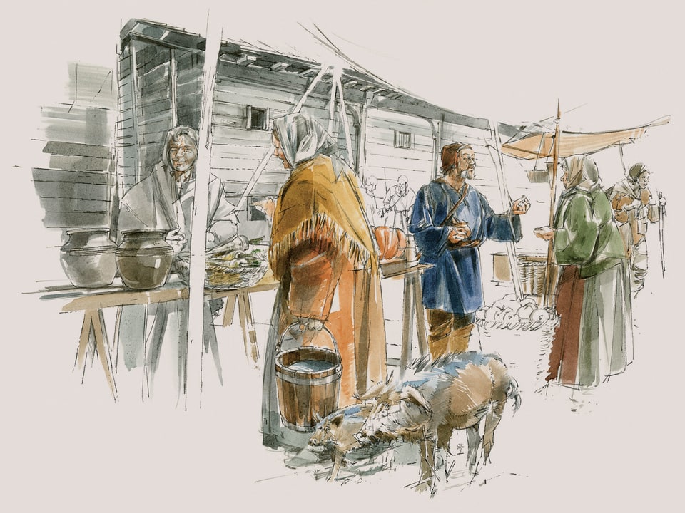 Illustration: Eine Frau mit Kopftuch kauft auf dem Markt ein.