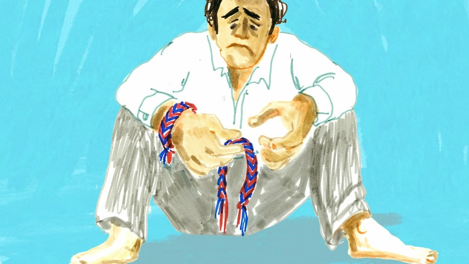 eine Zeichnung von einem traurigen Mann, der ein kaputtes Freundschaftsbändeli hält