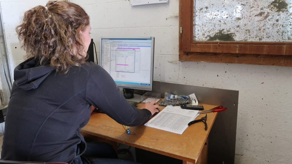 Junge Frau sitzt vor einem Computer in einem Nebenraum.