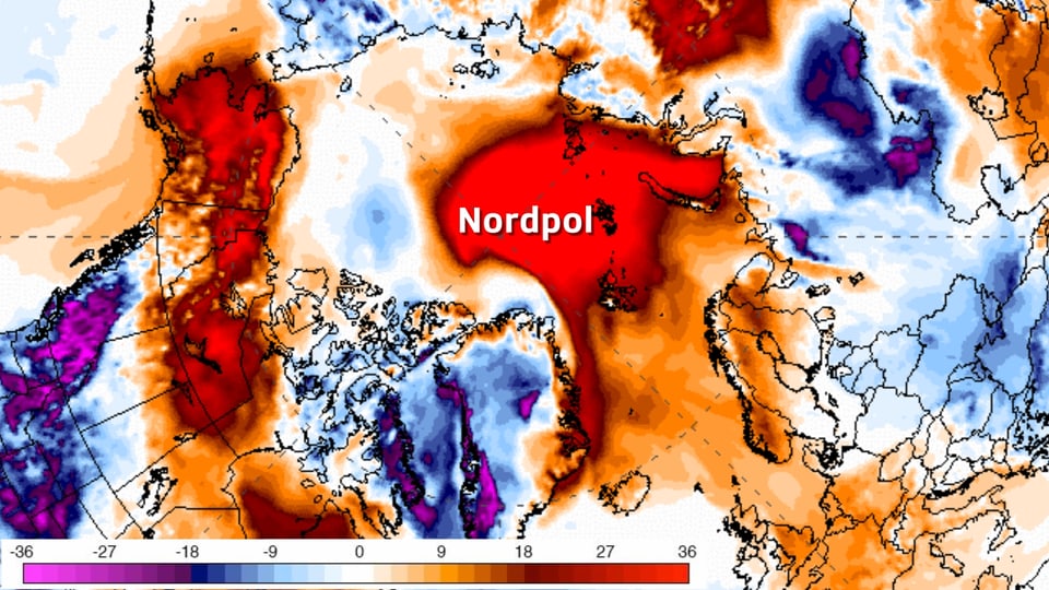 Karte vom Nordpol, rot eingefärbt