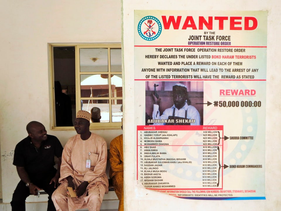 Wanted: Abubakar Shekau auf einem Poster in Baga, Nigeria.