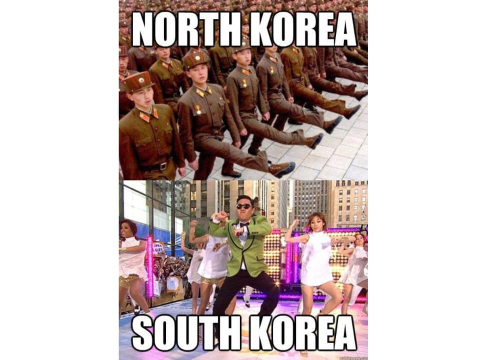 In dieser Bildmontage werden die Diktatur Nordkoreas und das liberale Südkorea symbolhaft gegenüber gestellt.