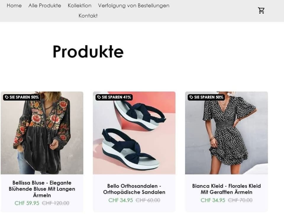 Foto des Onlineshops Keller Mode Zürich. Kleidung und Schuhe werden mit starken Rabatten angepriesen.
