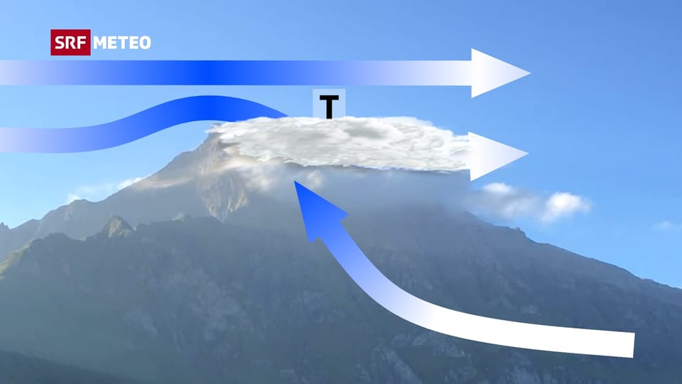 Bild des Piz Beverin mit der Bannerwolke. Der Ort der Entstehung der Wolke wird noch etwas deutlicher hervorgehoben.