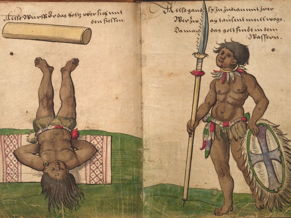 Zwei Mitglieder eines indigenen Volkes mit Speer, Schild und Holzrolle.