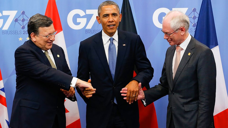 José Manuel Barroso(links), Barack Obama (mitte) und Hermann Van Rompuy 