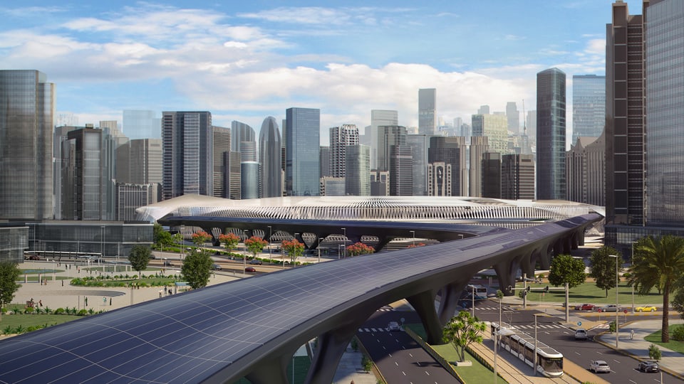 Hyperloop vor einer Skyline: eine Zukunftsmodell von Hyperloop TT.